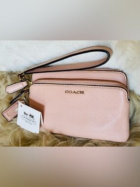 NWT Coach Blush Pink Leather Double Wristlet with Gold Logo